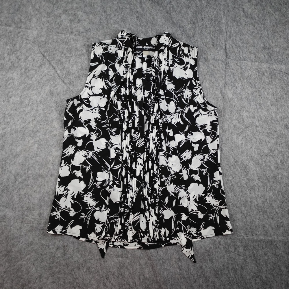 Karl Lagerfeld Top Womens Small‎ Black Floral Pleated Pintuck Sleeveless Blouse